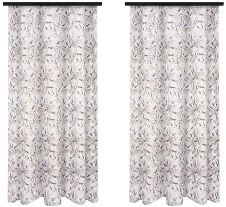 Voppi Vorhänge mit Universal Kräuselband 140 x 250 cm Dekovorhänge mit Blumenmuster Lavendel helle Vorhänge mit lila Blüten - Fertigvorhänge 2 Stück