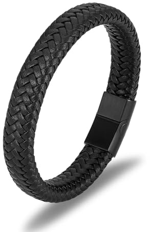 JSNOM Armband Herren Lederarmband Geschenke: Geflochten Leder Weihnachten Vatertag Valentinstag Geburtstagsgeschenk Liebesgeschenke Schmuck Geschenk Armbänder für Männer (A-Schwarz-8.3inch)