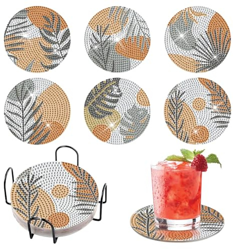 Trendecor 6 posavasos de pintura de diamantes, posavasos de hojas verdes para manualidades, con soporte, posavasos de acrílico decorativo con kit de pintura de diamantes para adultos, principiantes y