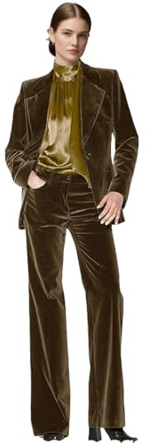 Botong - Completo da donna in velluto da 2 pezzi per ufficio, giacca da lavoro con rever dentellato, blazer con un bottone e pantaloni, Marrone, S