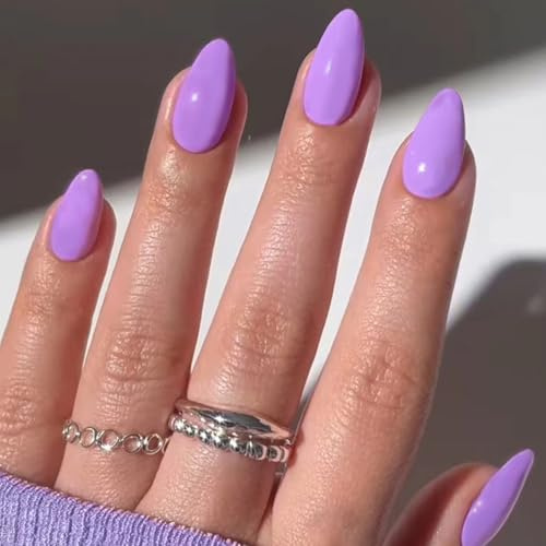 Ceboic 24 Pezzi Unghie Finte Medie Mandorla, Viola Chiaro French Press on Nails, Lucide Tinta Unita Acrilico Unghie Artificiali Ballerina Copertura Completa Nail Art Decorazioni per Donne e Ragazze