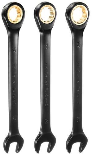 QUARKZMAN 3Pcs Juego de Llaves de Trinquete 21-23mm Métrica de Boca Abierta 72 Dientes Acero CR-V Niquelado Llave Combinada de Trinquete para Tornillos Tuercas Pernos