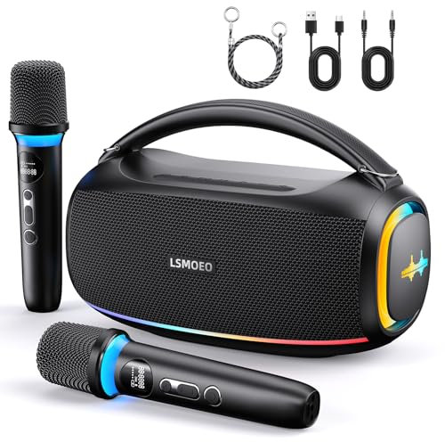 Karaoke machine with 2 wireless microphones,IPX5 waterproof,60W powerful speakers for Adults and Kids.Portable Bluetooth Speaker with LED Party Lights for Home Party,Picnic,Car/Birthday Gifts