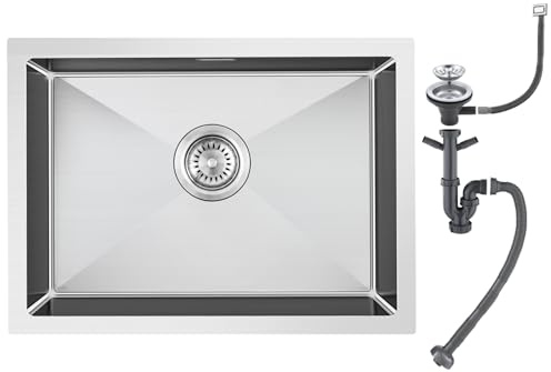 ROVOGO 40 x 50 cm Evier Cuisine en 304 Acier Inox, Kit de Vidage d'évier de Cuisine avec Trop-plein, Montage à Encastrer, à Fleur ou Sous Plan Evier Cuisine, Lavabo Cuisine 1 Bac Brossée