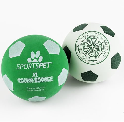 SPORTSPET Celtic XL Tough Bounce Natural Rubber Dog Balls, PACK OF 2 (90mm) | Extra-Large Rubber Balls for Big Dogs, Non-Toxic, Durable, Floats in Water, Official Club Colours, dog balls indestructible
