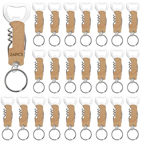Lot de 24 décapsuleurs en acier inoxydable avec poignées en bois de hêtre et cutter intégré, idéal pour la bière, le vin et les voyages