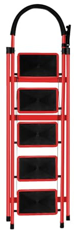 Scaletta a 5 gradini antiscivolo – pieghevole facile da riporre – massimo 150 kg – Sgabello in acciaio a piedi per adulti, per casa, cucina, garage, ufficio, 152 x 87 x 39 cm – 5 gradini (rosso)