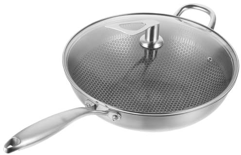 GARVALON Padella Wok in Acciaio Inossidabile 34 CM con Coperchio Superficie Antiaderente a Nido D’Ape per Fornelli a Induzione Gas ed Elettrici Utensile da Cucina per Uso Domestico