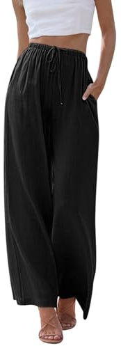 CMTOP Pantalones Mujer Verano Lino Anchos Pantalones Fluido Largo Cintura Alta Elástica Pantalon Comodo Ligeros Flojo Playa Pantalones Anchos Largo con Bolsillos