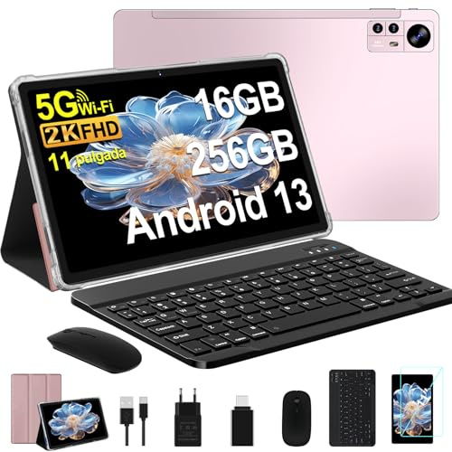 fezawio Tablette 11 Pouces, Android 13, 16+ 256GO (TF 512GO), 2000 * 1200 Pixels, 8600mAh, 5G WiFi, 2.0GHz, 5 + 13MP, Bluetooth 5.0, Tablette avec Clavier + Souris + Étui De Protection - Or Rose