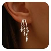 WATEFOER Pendientes Mujer Oro 14K Aros de Cadena con Circonitas y Flecos Hipoalergénicos Pendientes Colgantes con Circonitas Luna Estrella Regalos de Joyería Originales (Plata-Luna Estrella)