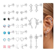 LOLIAS 17 Pairs Boucles d'Oreilles Femme Acier Inoxydable Hypoallergéniques Lot Boucles d'Oreilles Femme Argent Clou d'Oreille Plat Petites Conch Cartilage Tragus Helix Piercing Oreille