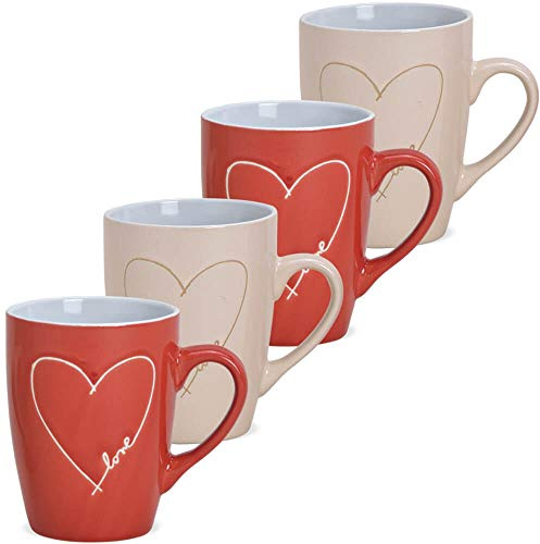 Matches21 Lot de 4 tasses à café en grès style maison de campagne Beige/rouge 11 x 8 cm 280 ml