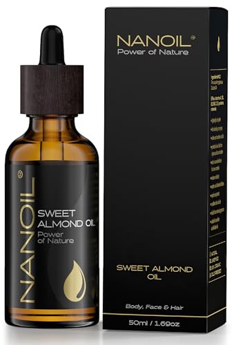 NANOIL Mandelöl – natürliches, reines, kaltgepresstes, ungeröstetes Bio Mandelöl. Pflegeöl für Haar, Körper und Gesicht, 50 ml. Naturpflege, Sonnenschutz, Revitalisierung und Straffung
