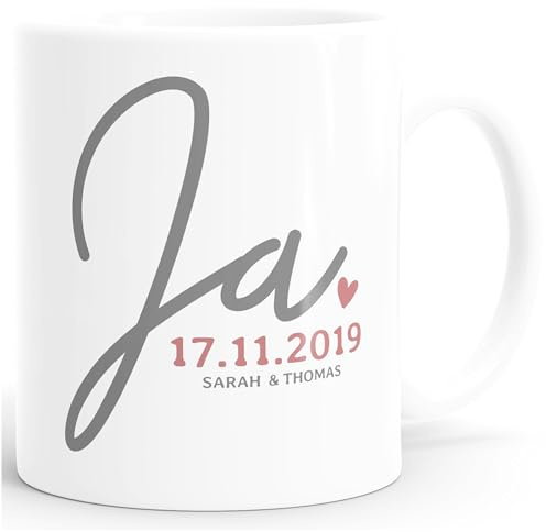 SpecialMe® personalisierte Kaffeetasse Ja mit Namen und Datum anpassbar Hochzeitsgeschenk kleines Geschenk Hochzeit Weiss Keramik-Tasse