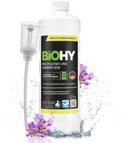 BiOHY KFZ Polster- & Lederpflege (1L) + Dosierer | Staubsaugerdüsen-Reiniger für Auto-Innenraum | Fleckenentferner für Sitze & Teppiche | biologisch abbaubar | Nass-Sauger