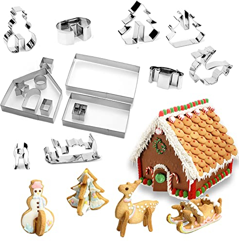 SUNCHE 18 Piezas 3D Casa Galleta De Jengibre, Molde de Galletas Navideñas, Christmas Gingerbread House, Acero Inoxidable Galletas Cortador, Juego de Cortadores de Galletas para Navidad