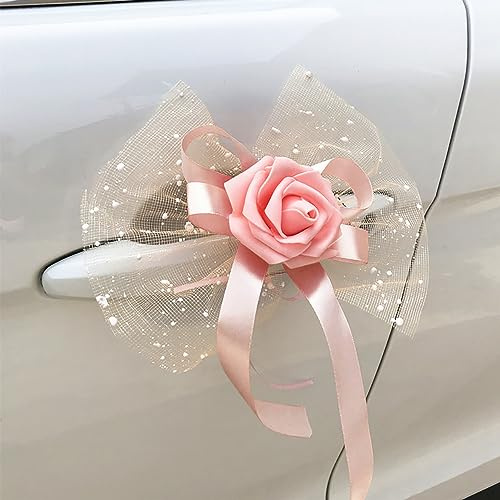 Duories 4 Stück Autoschmuck Hochzeit Auto Deko Rose Blumen Dekoschleife Fertigschleife Autoschleifen Antennenschleifen für Hochzeit Deko Auto Rückspiegel Türgriff Deko Blumen,Sekt