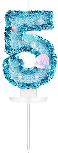 KINBOM 7,5cm Geburtstag Nummer Kerzen, Glitzer Zahlenkerze Blau Kuchenzahlenkerzen Muschel Pailletten Zahlenkerzen für torte Geburtstag Jubiläum Meerjungfrauen-Mottoparty (Zahl 5)