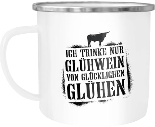 MoonWorks®Emaille-Tasse Ich trinke nur Glühwein von glücklichen Glühen mit Spruch lustig Winter Weihnachtsmarkt Motiv Emaille-Becher Emaille-weiss-silber standard
