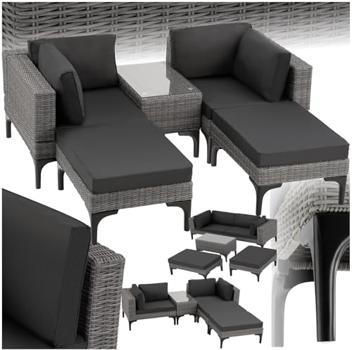 tectake® Ensemble Salon de Jardin Exterieur Modulable, Poly Rotin et Aluminium, Bain de Soleil 4 Places 1 Canapé 2 Tabouret Pouf, 1 Table de Jardin, Mobilier de Jardin pour Amenagement Balcon Terrasse