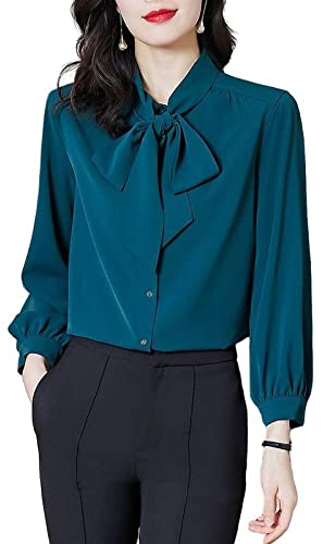 Damenkorsett Mit Langen Ärmeln,Damen-Chiffon-Bluse, Fliege, Lange Laternenärmel, V-Ausschnitt, Elegante Satinbluse, Tunika, Oberteile, Schlicht, Bürohemden, Sommer, Frühling, Arbeitsbluse Für Mädche