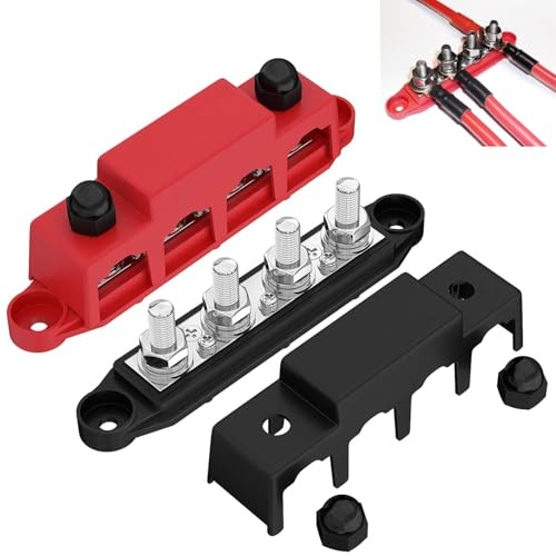 AULESSE 250A Busbar Power Distribution Block 12V-48V 4 x M10 Terminal Studs | Heavy Duty Bus Bar with Protective Cover, M10 Battery Busbar Terminal Block, For Car RV Ship Yacht, Two-pack, Red+Black