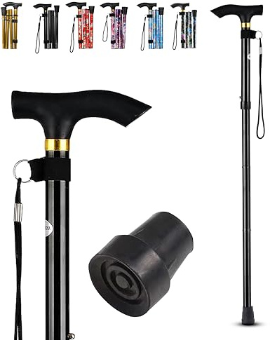 LZZAZ® Walking Stick - Foldable & Height Adjustable Walking Sticks for Men – Lightweight Telescopic Walking Stick Rubber Ends, Stylish Multicolor Patterns & Ergonomic Grip Mobility Aids (Black)