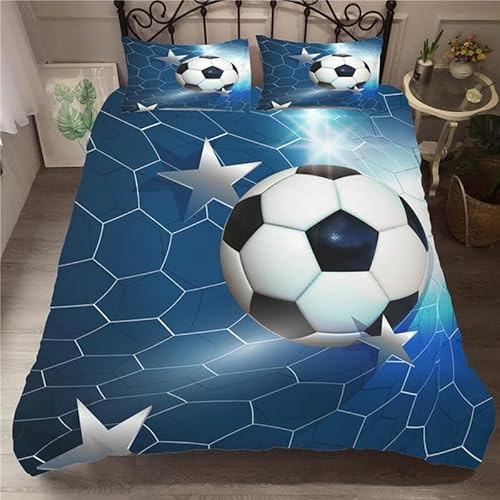 phonxia Parure de Lit 90x190 Enfant Football Bleu Housse de Couette 1 Personne Imprimée des Sports Housses de Couettes avec Fermeture Éclair en Microfibre et 2 Taies d'oreiller 65x65 cm