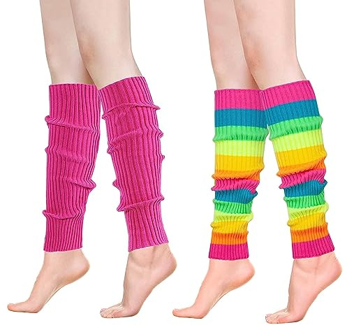 EQLEF Calentadores de Piernas, rodilleras arcoíris femeninas y pantalones piernas punto rosa retro 80 fiesta temática yoga deportivo ocio pantalones de piernas color (Arcoíris, rosa)