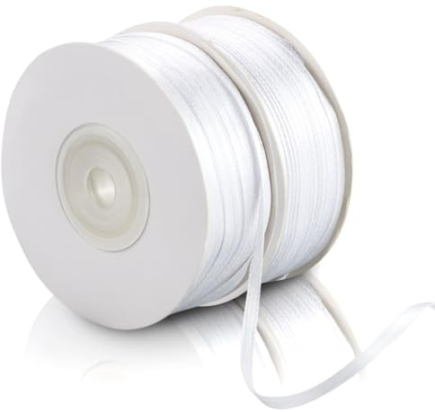 3mm x 200 m, weiß, dünnes solides Satinband doppelseitig gewebtes Bänder zum Basteln Aufhängen von Etiketten Einladungskarten Luftballons Blumenstrauß Haare Geschenkverpackung Party-Dekoration
