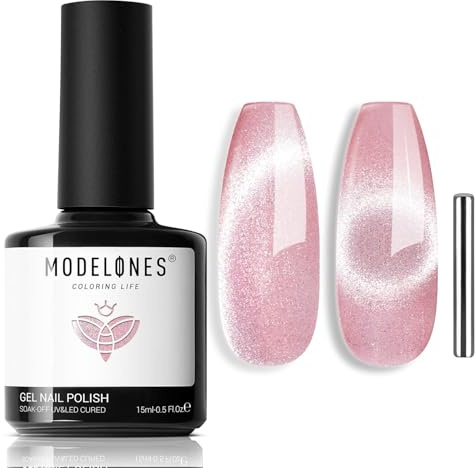 MODELONES UV Nagellack Cat Eye 15 ML, Rosa mit Magnet, Pink Cat Eye Uv Gel, Glitter Silver Off Reflective Translucent Gel Magnetic Nagellack für Frauen und Mädchen