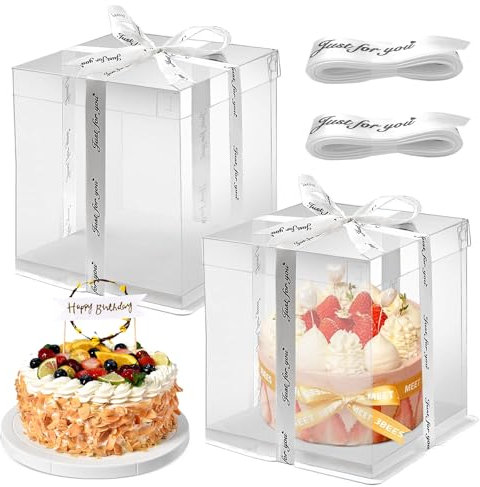MeYuxg 2 Stück Geschenkbox Durchsichtig, Tortentransportbox Hoch, Tortenschachtel Cake Box mit Sockel und Band Tortenkarton Durchsichtig, für Geburtstag Dessert (Weiß:8)
