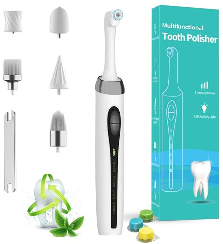 ORALTEN Teeth Whitening Kit - Multifunctional Teeth Polisher & Stain Remover - 5 Brush Heads, 3 Polishing Pastes, LED Light, 5 Modes, Rechargeable (White)