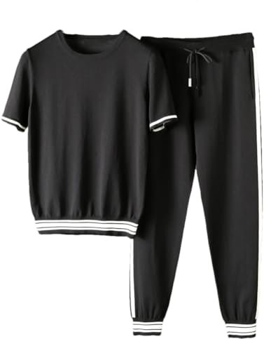 Niiyyjj Herren-Strickset, kurzer Pullover mit Rundhalsausschnitt und Kordelzug, Sweatpants, Schwarz , 4XL