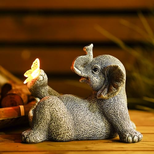 Solar Garten Deko Elefant mit Schmetterling - Lustiges Geschenk für Frauen, Mama Geburtstag | wasserdichte Balkon & Wohnzimmerdekoration (Grau 19cm)