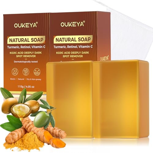 OUKEYA Lot de 2 115g Kojic Acid Soap, Savon Curcuma Naturel avec Huile d'Avocat, Huile d'Olive, VC, Hyaluronate de Sodium, Rétinol, Éclaircissant, Antibactérien, Anti-Âge, Anti-Acné, Set of Two