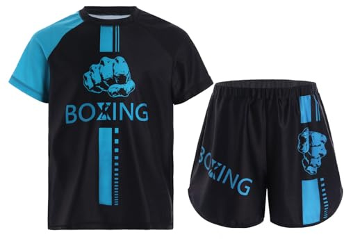 Rswnyirn Ensemble Boxe Enfants 5 à 16 Ans T-Shirt et Short Tenue Boxe Kick Boxing Muay Thai MMA 5-16 Ans Bleu Clair 11-12 Ans