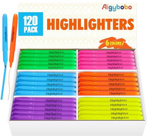 Aigybobo 120 Pack Highlighters in 6 Assorted Colors, Chisel Tip Dry-Quickly Highlighters Bulk, No Bleed Highlighter Markers for Kids Adults, Classroom Teachers Must Haves, School Office Supplies