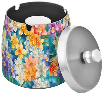 Posacenere per sigari con fiori autunnali, giacinti e narcisi, fresia, turchese, 2, in acciaio inox, con coperchio, per casa, ufficio, balcone, per gli amanti dei sigari e fumatori