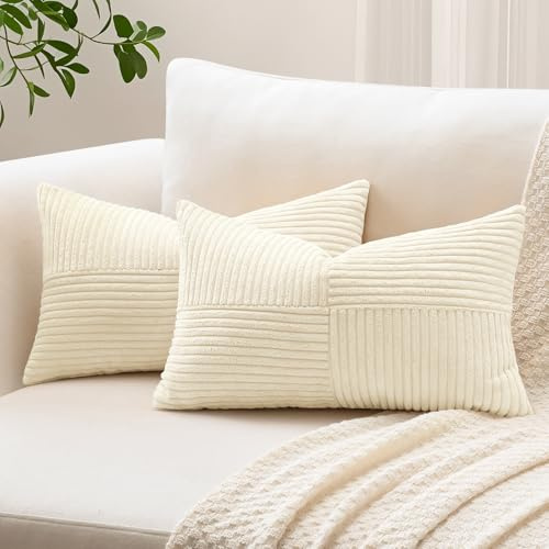 Sungeek 2er Set Cord Kissenbezüge, Kreuz Streifen Muster Kordsamt Kissenbezug Sofakissen Dekokissen Patchwork Design Deko Zierkissenbezüge Kissenhülle für Wohnzimmer (40x60cm, Beige)