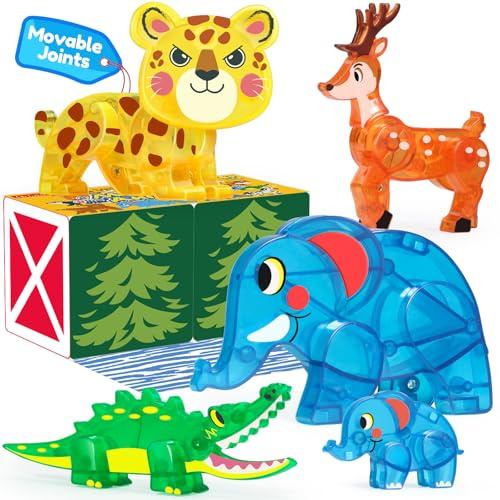 Oriate Jungle Animal Toys for Magnetic Tiles, 5pcs Movable Joints Woodland Animals for Magnetic Blocks, Crocodile Elephant Leopard Toy for Kids, STEM Educational Montessori Travel Toys