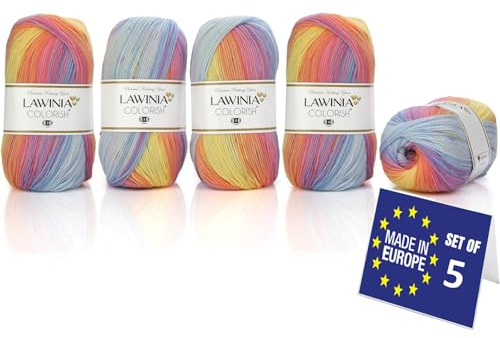 LAWINIA COLORISH Premium Regenbogen Garn DK, Regenbogen Wolle zum Stricken 5 x 100g - 350m 100% Acryl Strickgarn, Paintbox, Pastellwolle, Mehrfarbig Wolle, Farbverlaufsgarn, Ombre Garn, Rainbow Yarn