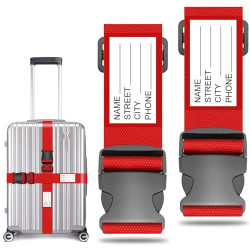 Koffergurt Kofferband Set, koffergurte 2 stück mit Adressschild | kofferbänder Personalisierte Identifikation für Schnell erkennen Gepäck Reisetasche Koffer, Farbig koffergurte kofferband