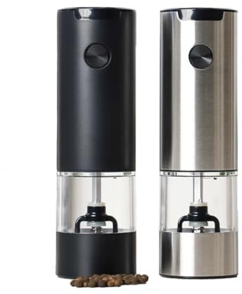 Electric Salt and Pepper Grinder Set, Stainless Steel, Battery Operated with LED Light, Adjustable Coarseness, 2 Pieces