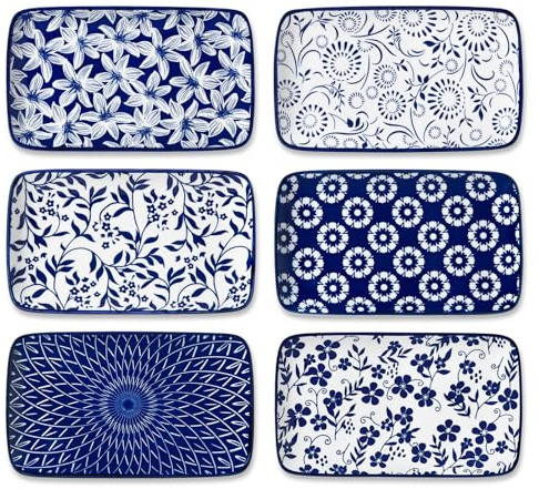 vancasso SELENE Lot de 6 Petites Assiettes Rectangulaires en Porcelaine - 22x13 cm - Assiette Plates pour Desserts, Sushis et Apéritifs - Passent au micro-ondes, four - Chinois Bleu et Blanc - Style A