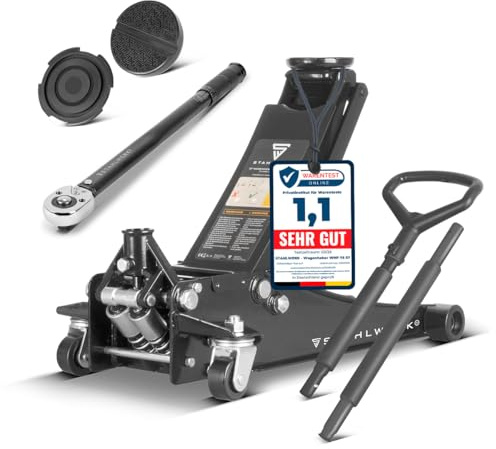 Set cambio pneumatici STAHLWERK martinetto WHB-73 ST con portata di 3 t, rulli gommati, pistone a doppia corsa e corsa di 73-500 mm | Chiave dinamometrica TW-210 ST con 28-210 Nm