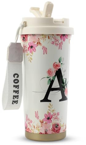 MHwan Kaffeebecher To Go, Doppelschichtiger Vakuum-Kaffee Thermobecher (530 ml), Personalisiertes Geschenk für Frauen mit Den Initialen A-Z, Kann Direkt Oder mit Einem Strohhalm Getrunken Werden