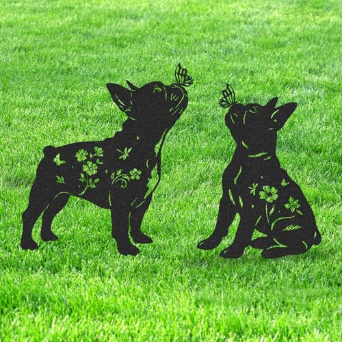 LIRAVENO French Bulldog Garden Decor - 2 Pcs Metal Animal Statue Gifts Set for Dog Lover Black Yard Stakes Decorations with Butterfly Flower Silhouette Outdoor Sign Patio Lawn Pathway Art Ornaments | Black Yard Stakes Decorations with Butterfly Flower Silhouette Outdoor Patio Lawn Pathway Art Ornaments Gifts for Dog Lover
