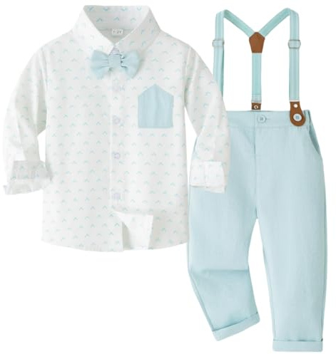 Yaopelky Småbarnspojke Formell Kostymuppsättning Gentleman-outfit Långärmad Skjorta med Fluga Hängselbyxor Pojkarnas Bröllopskläder, Ljusblått, 3-4 år